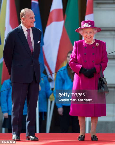 Queen Elizabeth II and Prince Philip, Duke of Edinburgh during the launch of The Queen's Baton Relay for the XXI Commonwealth Games being held on the...