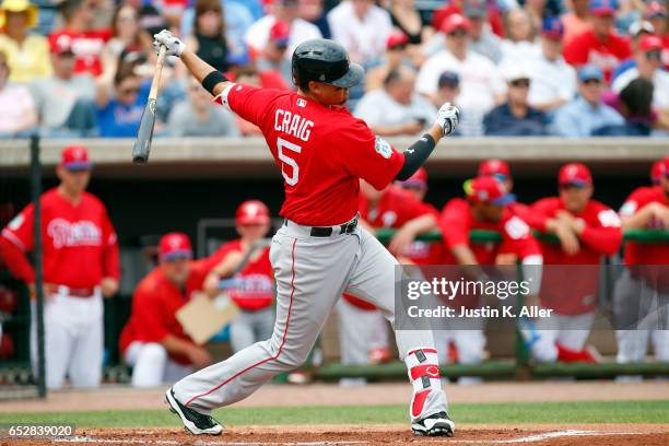 Allen Craig of the Boston Red Sox in action against the Philadelphia Phillies during a spring training game at Spectrum Field on March 12, 2017 in...