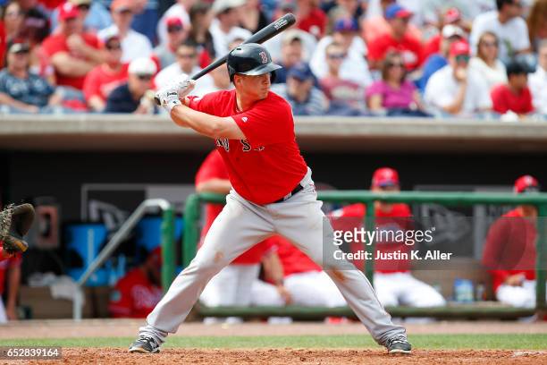 Matt Dominguez of the Boston Red Sox in action against the Philadelphia Phillies during a spring training game at Spectrum Field on March 12, 2017 in...