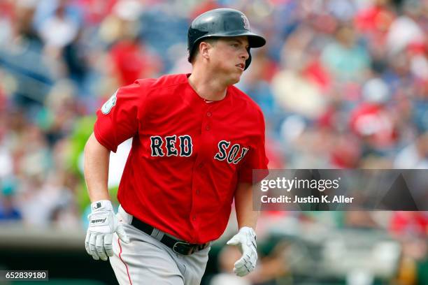 Matt Dominguez of the Boston Red Sox in action against the Philadelphia Phillies during a spring training game at Spectrum Field on March 12, 2017 in...