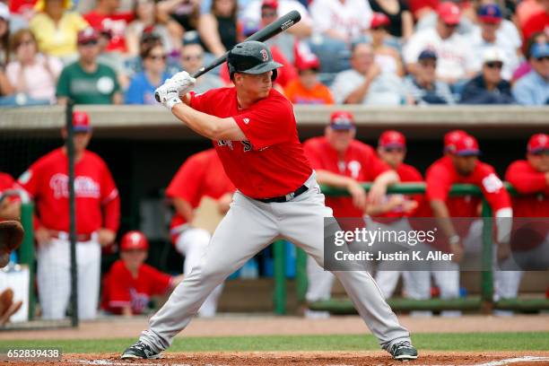 Matt Dominguez of the Boston Red Sox in action against the Philadelphia Phillies during a spring training game at Spectrum Field on March 12, 2017 in...