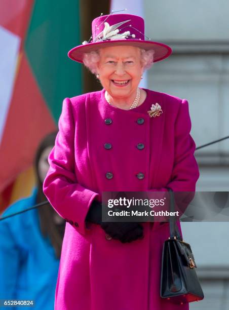 Queen Elizabeth II during the launch of The Queen's Baton Relay for the XXI Commonwealth Games being held on the Gold Coast in 2018 at Buckingham...