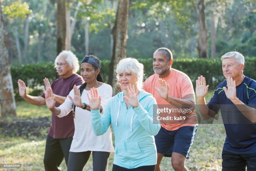 Grupo multiétnico de la tercera edad tomando clases de tai chi