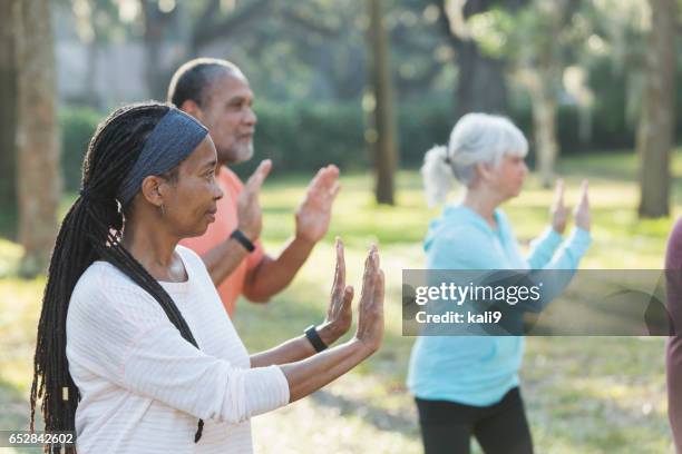 multietnisk grupp seniorer tar tai chi klass - taijiquan bildbanksfoton och bilder