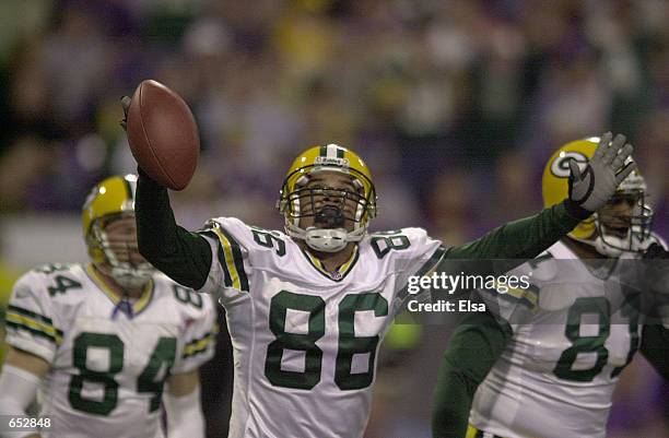 Antonio Freeman of the Green Bay Packers celebrates his first quarter touchdown against the Minnesota Vikings at the Hubert H. Humphrey Metrodome in...