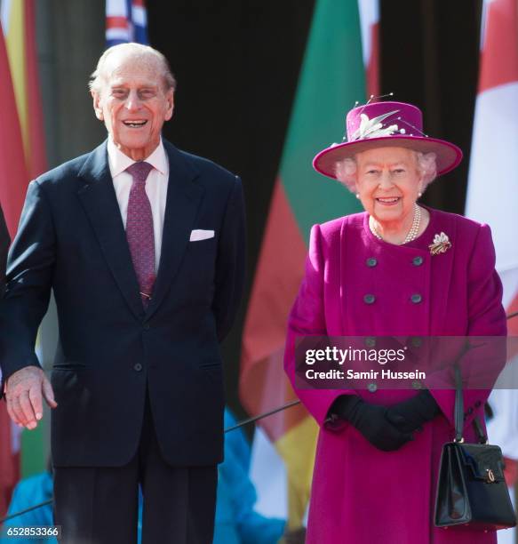 Queen Elizabeth II and Prince Philip, Duke of Edinburgh attend the launch of The Queen's Baton Relay for the XXI Commonwealth Games being held on the...