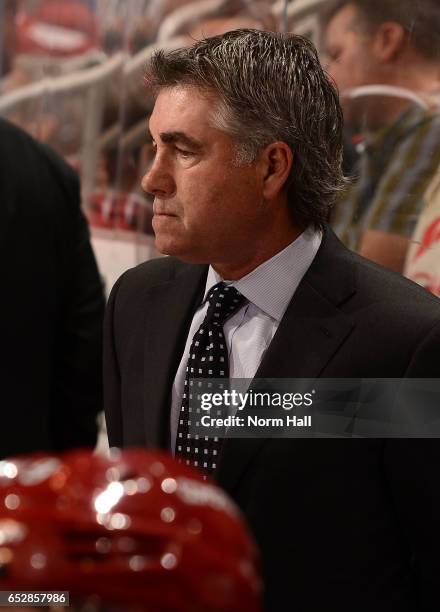 Head coach Dave Tippett of the Arizona Coyotes looks on from the bench against the New Jersey Devils at Gila River Arena on March 11, 2017 in...