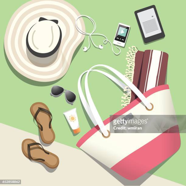 beach vacation summer accessories - vector illustration - sun hat stock illustrations