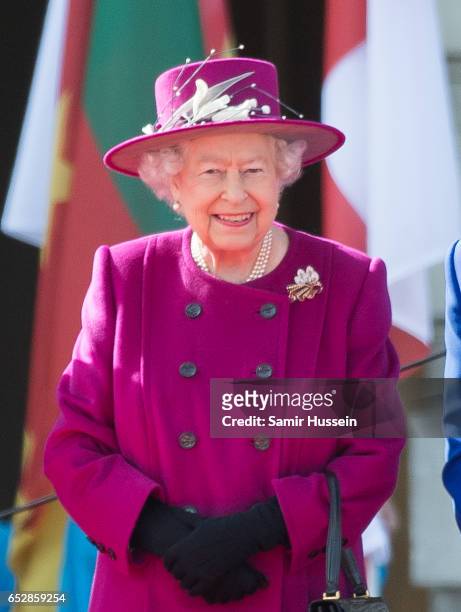 Queen Elizabeth II attends the launch of The Queen's Baton Relay for the XXI Commonwealth Games being held on the Gold Coast in 2018 at Buckingham...