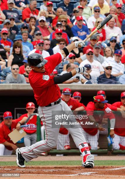 Allen Craig of the Boston Red Sox in action against the Philadelphia Phillies during a spring training game at Spectrum Field on March 12, 2017 in...