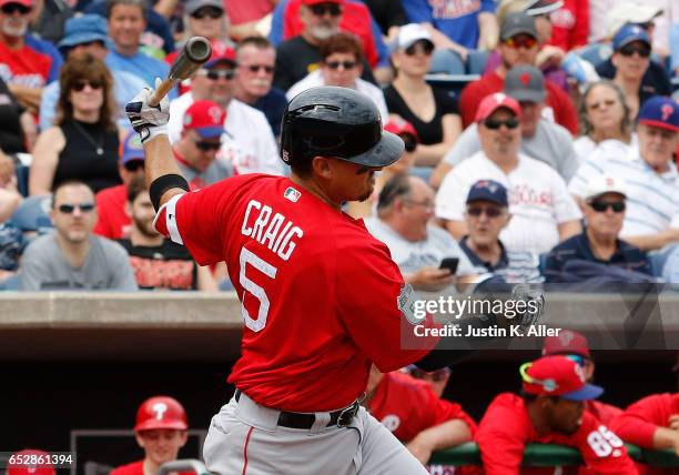 Allen Craig of the Boston Red Sox in action against the Philadelphia Phillies during a spring training game at Spectrum Field on March 12, 2017 in...