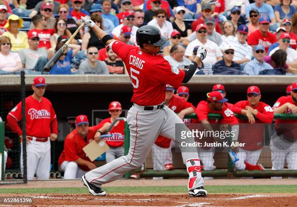 Allen Craig of the Boston Red Sox in action against the Philadelphia Phillies during a spring training game at Spectrum Field on March 12, 2017 in...