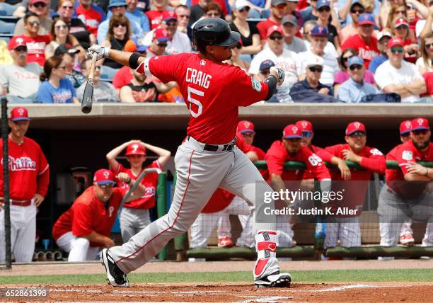 Allen Craig of the Boston Red Sox in action against the Philadelphia Phillies during a spring training game at Spectrum Field on March 12, 2017 in...