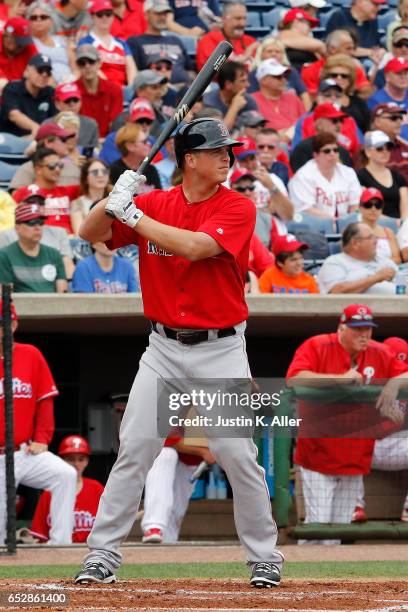 Matt Dominguez of the Boston Red Sox in action against the Philadelphia Phillies during a spring training game at Spectrum Field on March 12, 2017 in...