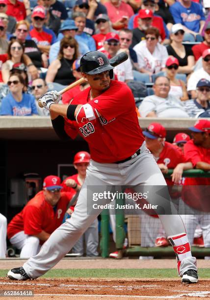 Allen Craig of the Boston Red Sox in action against the Philadelphia Phillies during a spring training game at Spectrum Field on March 12, 2017 in...