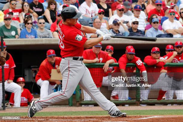 Matt Dominguez of the Boston Red Sox in action against the Philadelphia Phillies during a spring training game at Spectrum Field on March 12, 2017 in...