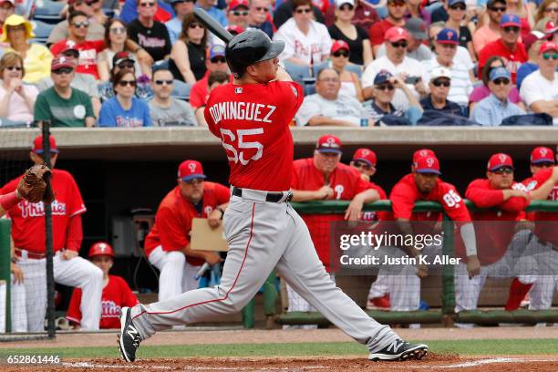 Matt Dominguez of the Boston Red Sox in action against the Philadelphia Phillies during a spring training game at Spectrum Field on March 12, 2017 in...