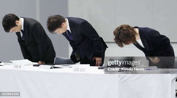 Isao Moriyasu , president of DeNA Co., and other company executives bow in apology at a press conference in Tokyo on March 13 following revelations...