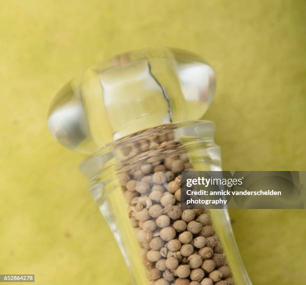 white peppercorns in handheld pepper mill. - pepper mill - fotografias e filmes do acervo