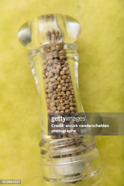 white peppercorns in handheld pepper mill. - pepper mill - fotografias e filmes do acervo