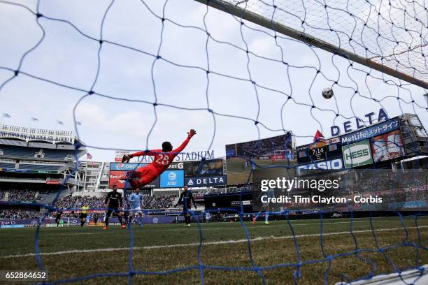 March 12: Goalkeeper Bill Hamid of D.C. United is beaten by a shot from Jack Harrison of New York City FC which hit the bar and resulted in Rodney...