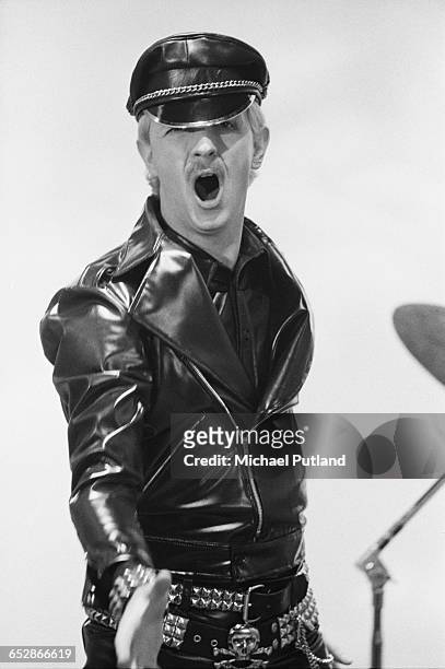 Singer Rob Halford, of British heavy metal band Judas Priest, at the video shoot for the group's single, 'Don't Go', January 1981.