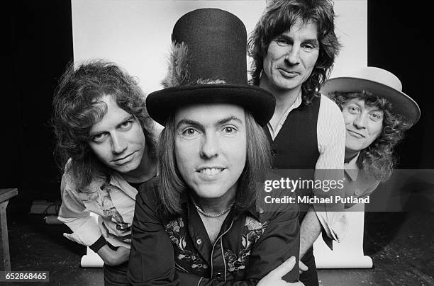 British rock group Slade, 1981. Left to right: bassist Jim Lea, guitarist Dave Hill, drummer Don Powell and singer Noddy Holder