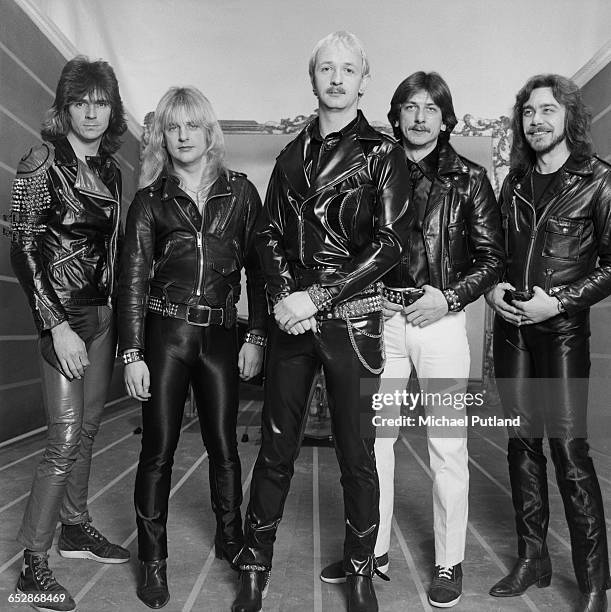 British heavy metal band Judas Priest on the set of the video shoot for their single 'Don't Go', January 1981. Left to right: guitarist Glenn Tipton,...