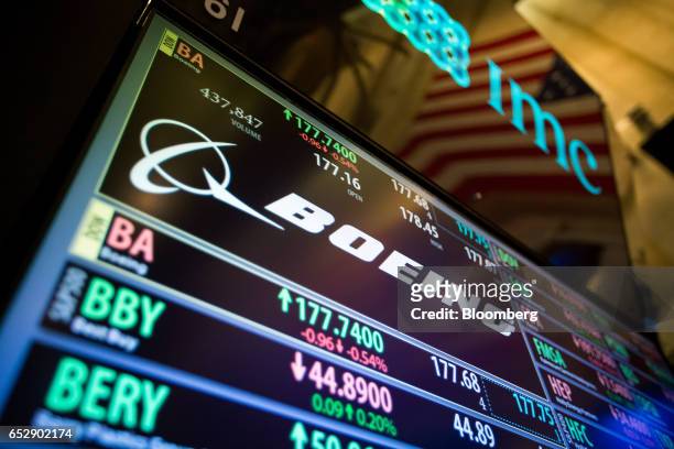 Monitor displays Boeing Co. Signage on the floor of the New York Stock Exchange in New York, U.S., on Monday, March 13, 2017. U.S. Stocks held steady...