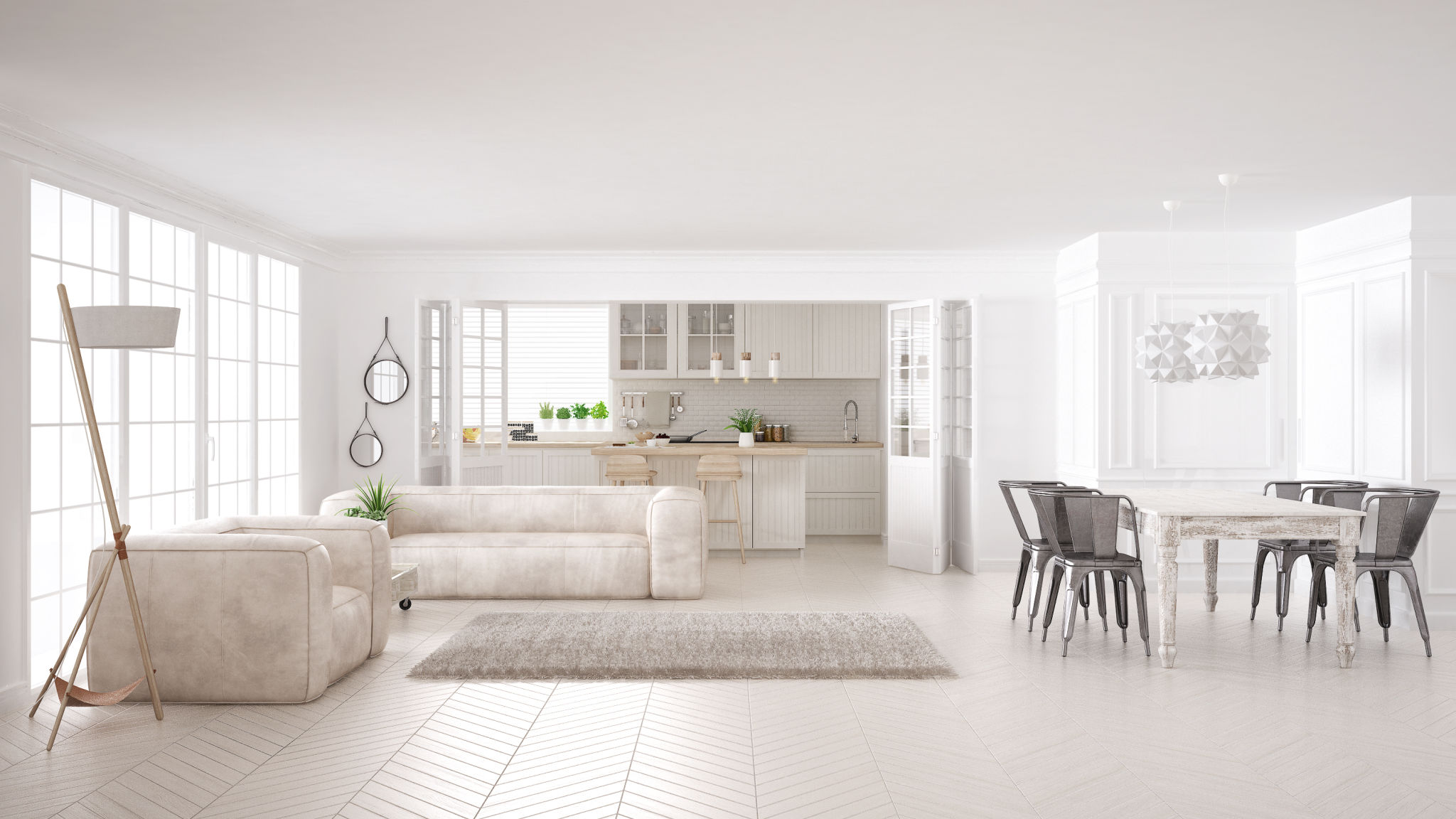 Minimalist white living and kitchen, scandinavian classic interior design Minimalist white living and kitchen, scandinavian classic interior design