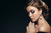 Horizontal portrait of a beautiful girl with shiny jewelry