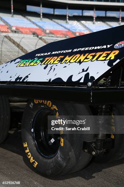 Texas Motor Speedway's Tire Monster is seen during the Texas Motor Speedway Track Renovation Unveiling at Texas Motor Speedway on March 13, 2017 in...