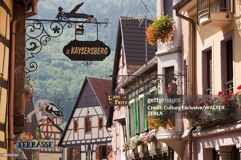 Business signage on medieval buildings, Kaysersberg, Alsace, France