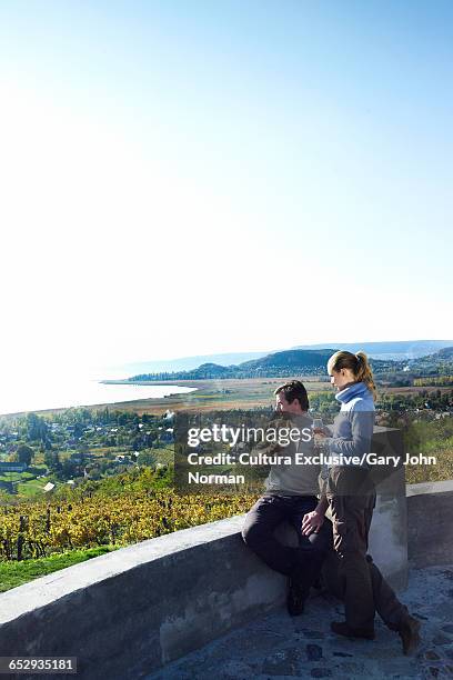 couple at vineyard wine tasting at lake balaton, budapest, hungary - viewpoint balaton stock pictures, royalty-free photos & images