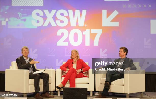 Dean of Dell Medical School Clay Johnston, CEO of IBM Ginni Rometty and Chief Executive Officer of Johnson & Johnson Alex Gorsky speak onstage at...