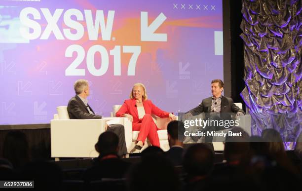 Dean of Dell Medical School Clay Johnston, CEO of IBM Ginni Rometty and Chief Executive Officer of Johnson & Johnson Alex Gorsky speak onstage at...