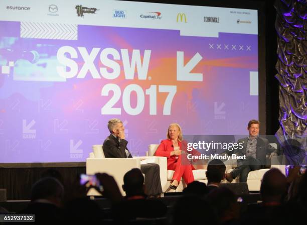 Dean of Dell Medical School Clay Johnston, CEO of IBM Ginni Rometty and Chief Executive Officer of Johnson & Johnson Alex Gorsky speak onstage at...