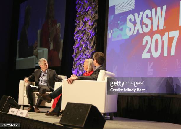 Dean of Dell Medical School Clay Johnston, CEO of IBM Ginni Rometty and Chief Executive Officer of Johnson & Johnson Alex Gorsky speak onstage at...
