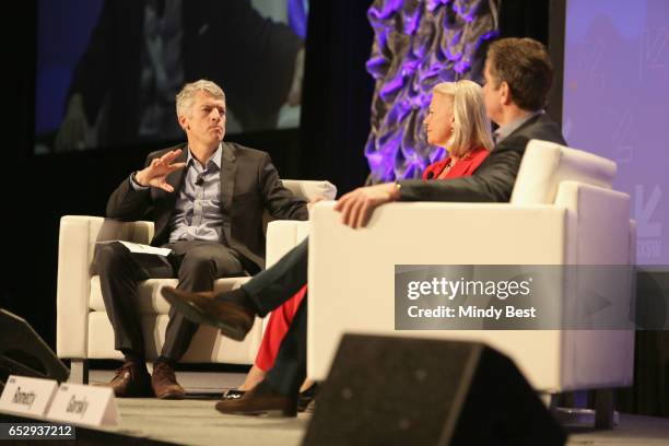 Dean of Dell Medical School Clay Johnston, CEO of IBM Ginni Rometty and Chief Executive Officer of Johnson & Johnson Alex Gorsky speak onstage at...