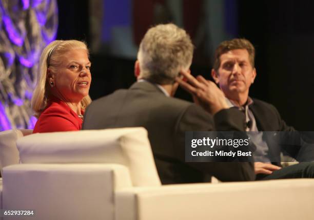 Dean of Dell Medical School Clay Johnston, CEO of IBM Ginni Rometty and Chief Executive Officer of Johnson & Johnson Alex Gorsky speak onstage at...