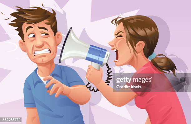 woman with megaphone screaming at man - march for marriage equality stock illustrations