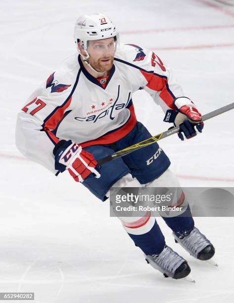 Karl Alzner of the Washington Capitals plays in the game against the Los Angeles Kings at Staples Center on March 9, 2016 in Los Angeles, California.
