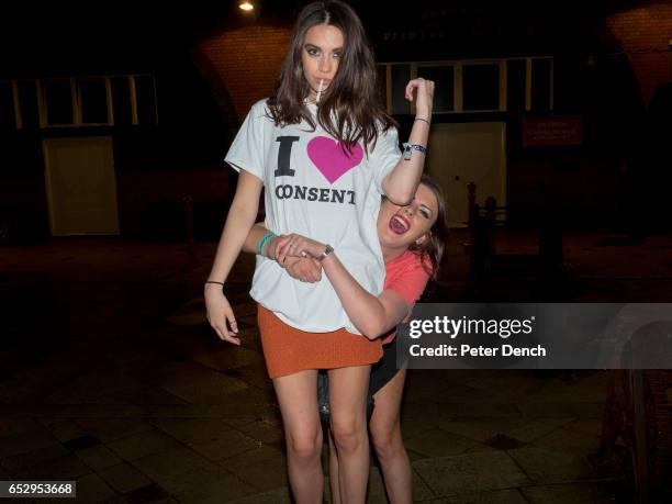 Fashion student Sophie Weir wears an I Heart Consent campaign T-shirt on a night out during Freshers week at Suusex University. The T-shirt is...