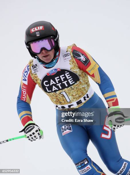 Stacey Cook of the United States finishes her training run for the ladies' downhill at the Audi FIS Ski World Cup Finals at Aspen Mountain on March...