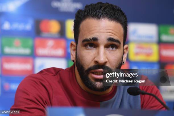 Adil Rami of Sevilla speaks to the media during the Sevilla press conference at The King Power Stadium on March 13, 2017 in Leicester, England.