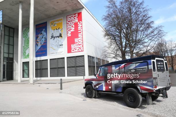 Land Rover Defender, branded with the Union Jack, is parked outside the Pinakothek der Moderne during the Gentlemen Art Lunch on March 13, 2017 in...