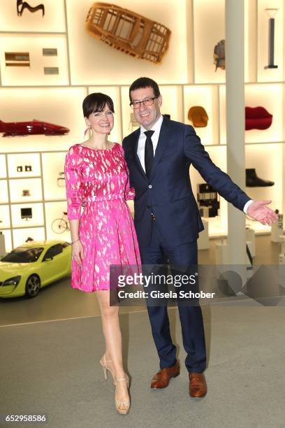 Sonja Lechner and Willi Bonke, CEO of Premium Cars Rosenheim, pose during the Gentlemen Art Lunch at Pinakothek der Moderne on March 13, 2017 in...
