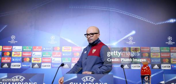 Sevilla manager Jorge Sampaoli during the Sevilla press conference at King Power Stadium on March 13 , 2017 in Leicester, United Kingdom.