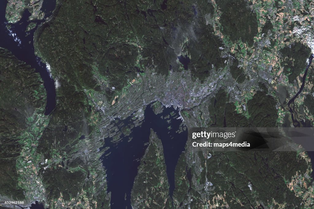 OSLO, NORWAY, OCTOBER 5, 2016: This is an enhanced Sentinel Satellite image map of Oslo, Norway.