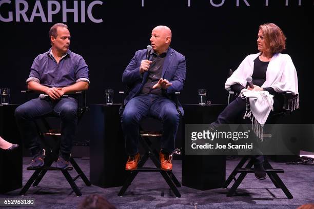 Sebastian Junger, Jonathan Chinn and Marina Zenovich speak onstage during the "Nat Geo Further Base Camp" At SXSW 2017 - Day 4 on March 13, 2017 in...
